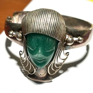 Los Ballesteros Aztec Face Bracelet Green Onyx Mexico Sterling Silver TAXCO - Picture 1 of 7