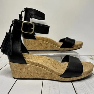 UGG Zoe Leather Open Toe Wedge Cork Sandal Ankle Strap Black Size 9 Espadrille - Picture 1 of 6