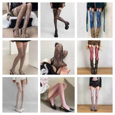 Medias de rejilla con estampado de personalidad para mujer sexy de encaje ahuecado hasta el muslo calcetines Foto 1 de 4