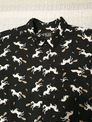 XXX RUDE Hot Topic Unicorn Stars Short-Sleeved Woven Button-Up Size Large M312 - Image 1 of 4