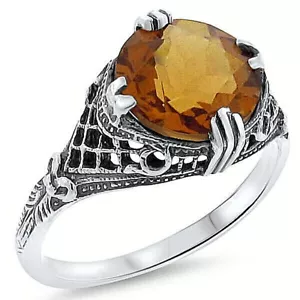 ANTIQUE STYLE FILIGREE 925 STERLING SILVER 3.50 CARAT LAB CITRINE RING 545Z - Picture 1 of 2