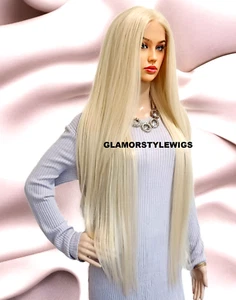 42" LACE FRONT FULL WIG EXTRA LONG STRAIGHT LAYERED MIDDLE PART BLEACH BLONDE NW - Picture 1 of 3