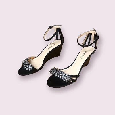 全新无标签 - J. Renee Eviana Pewter 黑色水钻踝带楔形鞋跟 9.5 米 — 第 1/4 张图片