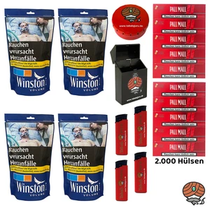 Winston Blue/Blau Volumentabak Beutel 4x 113g, Pall Mall Xtra Hülsen, Zubehör
