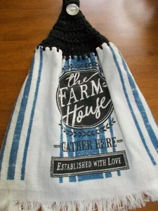 BLACK Yarn Crocheted Top FRIENDS GATHER HERE FARMHHOUSE Print Kitchen Towel - Picture 1 of 1