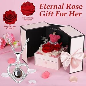 Ewige Rose mit I Love You Halskette Schmuck Geschenkbox Konservierte Rose Blumen - Bild 1 von 12