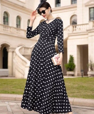 Vestido de vacaciones a lunares manga larga cuello en V hecho a medida por encargo más 1x-10x Y740 Foto 1 de 3