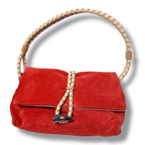BURBERRY Suede Haymarket Check Horn Toggle Braided Leather Shoulder Bag Red - Picture 1 of 14