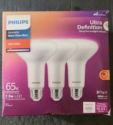 PHILIPS 65W 7.5W LED INDOOR LIGHT. DIMMABLE WARM GLOW EFFECT. SOFT WHITE 3 PACK  - Image 1 of 4