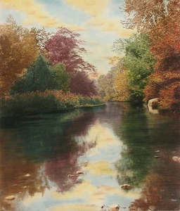 HERMOSA Enorme Enorme Antigua C1900-10s Foto a Color Mano CORRIENTE EN OTOÑO, Estilo Tuerca - Imagen 1 de 1