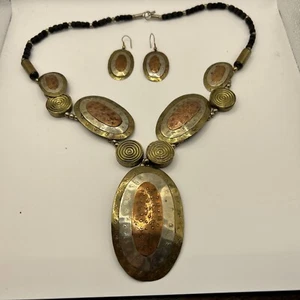 Statement Tribal 3 Color Metal Necklace Matching Earrings Copper Silver Brass - Picture 1 of 8