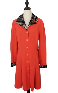 Vintage 1960's Size 16 Scarlet Red Black White Polka Dot Fitted Flare Hem Coat - Picture 1 of 7