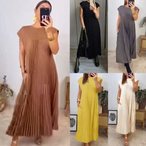 Women Summer Casual Loose Pocket Party Holiday Pleated Long Maxi Dress Plus Size - Picture 1 of 28