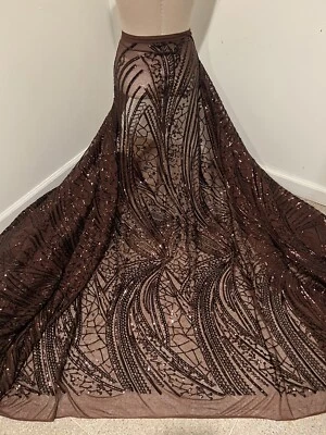 Brown 4way stretch sequins Embroidery Mesh Lace fabric 50” Width 1  Yard - Image 1 of 4