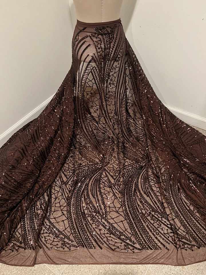 Tela de encaje de malla bordada lentejuelas elásticas 4 vías marrón 50” ancho 1 yarda Foto 1 de 4