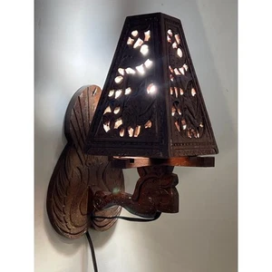 Vintage geschnitzte Holz Wandleuchten Wandlampen Paar asiatisch ethnisch aufwendig exotisch - Bild 1 von 20