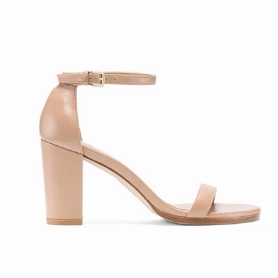 Autêntico Stuart Weitzman nude bronzeado salto bloco redondo sandálias de couro Tor tamanho 7 - Imagem 1 de 4