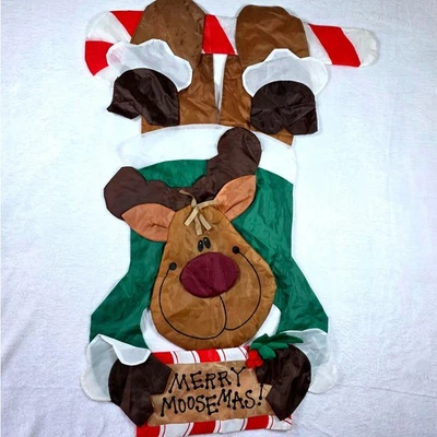 Vintage Merry Moosemas Christmas House Flag Outdoors 3D Nylon 41" × 28.5" - Image 1 of 4