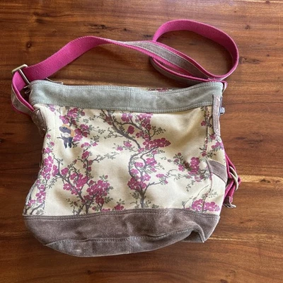 Lucky Brand Cherry Blossoms Floral Canvas Suede Crossbody Shoulder Slouchy Bag - Image 1 of 4