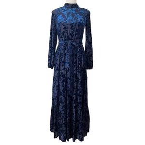Maison Tara Women's Long Sleeve Velvet Burnout Mock Neck Maxi Dress Blue Sz 8 - Picture 1 of 8