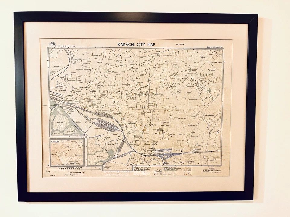 Rare Antique Karachi Pakistan City Map 1954 - First Edition - Framed - Image 1 of 3