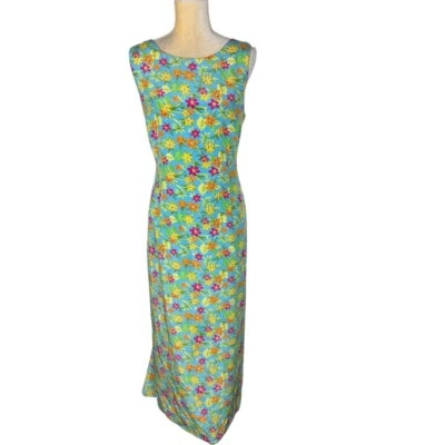 Maxi Vestido Maggy London Azul Floral Seda Sin Mangas Recortado con Corbata Trasera 14 Foto 1 de 4