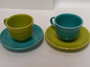 Vtg FiestaWare orig. coffee cup & saucer sets (2) green and blue + 3 bowls EUC! - Picture 1 of 12