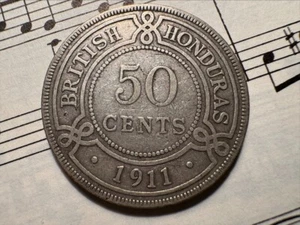 BRITISH HONDURAS 50 cents 1911 KM18 Ag KEY date RARE with FULLY READABLE REVERSE - Picture 1 of 2