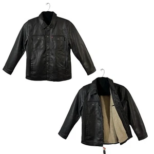 Levi’s Men's Faux Leather Trucker Jacket Size M Dark Brown Warm Sherpa Lining - Picture 1 of 10