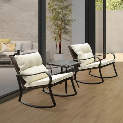 Domi 3 Pieces Bistro Set Outdoor Rocking Chair Wicker Patio Set w/1 Table（White） - Image 1 of 4