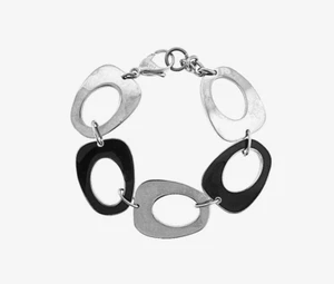 STAINLESS STEEL LARGE POLISHED AND BLACK ENAMEL OPEN OVAL LINK BRACELET, 8" - Picture 1 of 2
