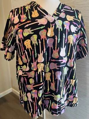 Tafford Woman’s Scrub Top Rick N Roll Guitars Peace Black Short Sleeve LARGE - Image 1 of 4