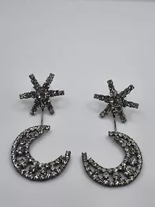 Jennifer Behr Black Gunmetal Tone Crystal Encrusted Star Crescent Stud Earrings - Picture 1 of 6