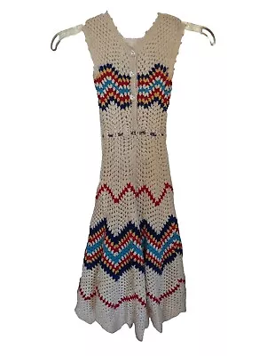 Vestido de ganchillo hecho a mano forrado beige multicolor mexicano talla 5/6 para niñas Foto 1 de 4