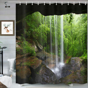 Cave Forest Waterfall Fabric Shower Curtain Waterproof Bathroom Decor with Hooks