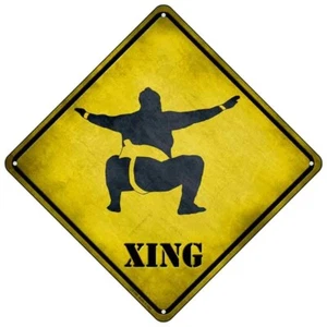 Sumo Wrestler Squatting Xing  Mini Metal Road Notice 8" Cross Xing Crossing Sign - Picture 1 of 1