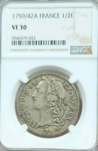 1759/42 FRANCE SILVER 1/2 ECU LOUIS XV NGC VF 30 RARE BEAUTIFUL COIN TOP POP 1 - Picture 1 of 5