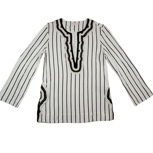 Top tunica donna Tory Burch Filipa Slub taglia 10 avorio nero a righe impreziosito