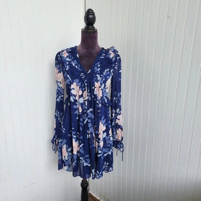 Buffalo David Bitton Blue Ponk Floral Dress Sheer Long Sleeve Ruffle Pleats XS - Image 1 of 4