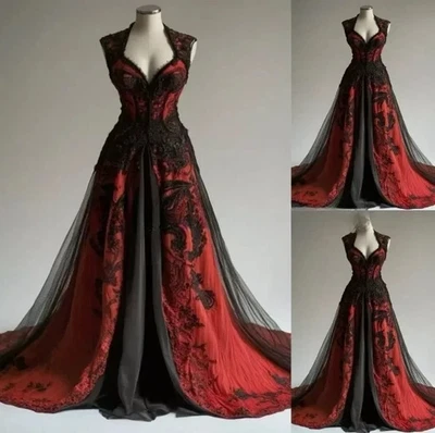 Black Red Gothic Wedding dress Backless Lace Appliqued Bridal Gowns Dresses - Image 1 of 4