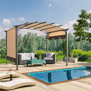 108 ft x 8.8 ft Metal Arched Pergola with Retractable Canopy Sun Shade Gazebo - Picture 1 of 8