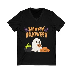 Camisa Happy Halloween Unisex Cuello en V - 2 Colores - 100% Algodón - Imagen 1 de 5