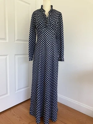 Vintage 60’s Navy & White Polka Dot Ruffled Metal Zip Boho Maxi Dress! 18/Large - Image 1 of 4