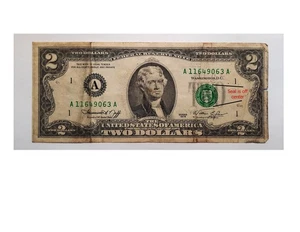 1976 2 dollar bill Low Serial # A11649063A  Error: Green Seal Is Off Center - Picture 1 of 6