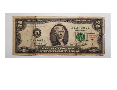 1976 2 dollar bill Low Serial # A11649063A  Error: Green Seal Is Off Center - Image 1 of 4