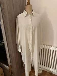 H&M COTTON OVERSIZED LONG SHIRT DRESS BEIGE WHITE STRIPED L - Picture 1 of 9