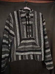 Black & Gray Baja Mexican Hoodie Poncho - Picture 1 of 2