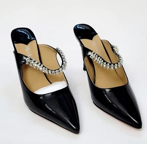 Womens 9.5 Rhinestone Strappy Pointed Toe Black Heels 4” Stiletto Mule High Heel - Picture 1 of 14