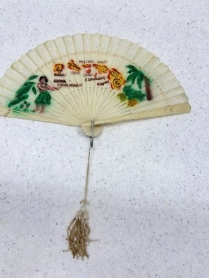 Abanico de mano de plástico plegable vintage marfil años 60 recuerdo islas de Hawai Hula niña Foto 1 de 4