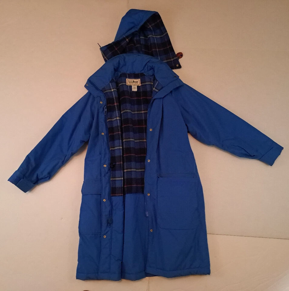 Vintage LL Bean USA Blue Wool Plaid Insulated Parka & hood  Jacket Button&Zip Lg - Image 1 of 4